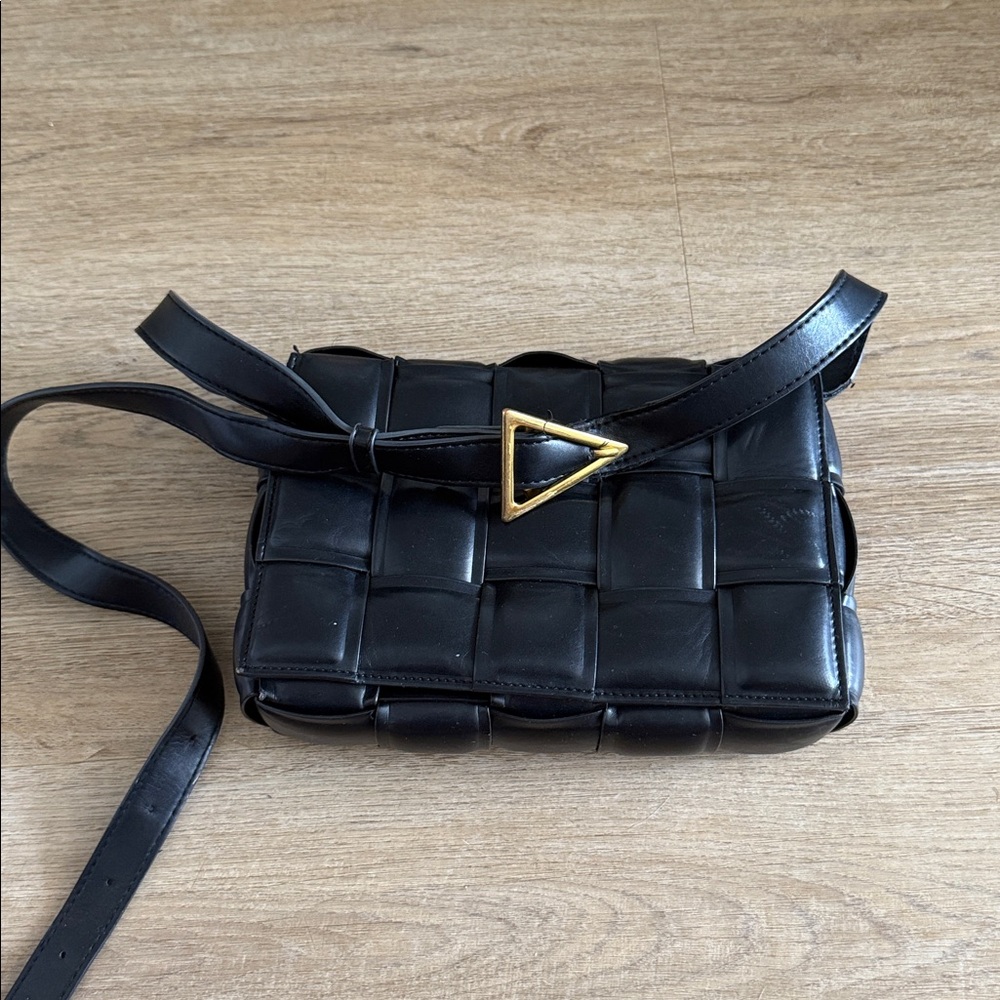 Black Woven Leather Crossbody Bag with Gold Accent